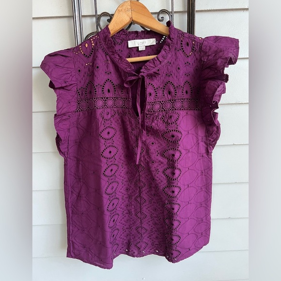 Loft Purple Petite Eyelet Ruffle Tie Neck Top Size S - Picture 2 of 7
